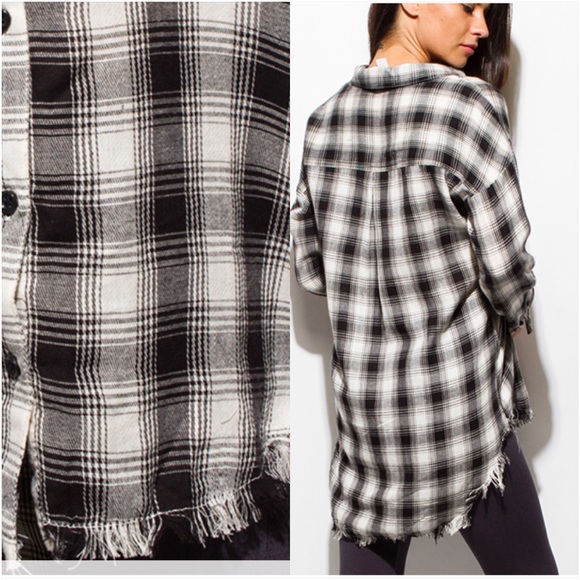 Frayed Hem Boho Plaid HiLow Tunic Shirt SML - Picture 3 of 8